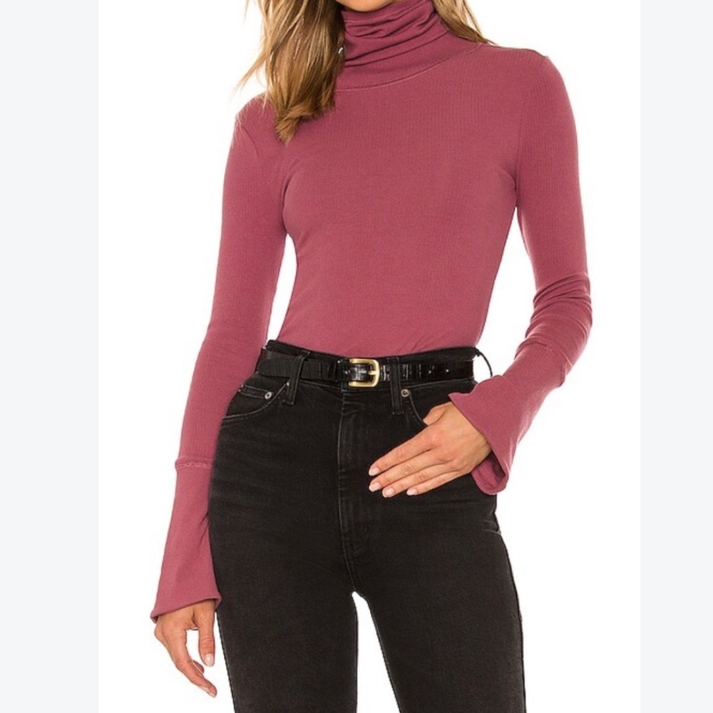 Free People Sydney Layering Top Smokey Wings Ribbed Turtleneck Flared Cuffs S NW